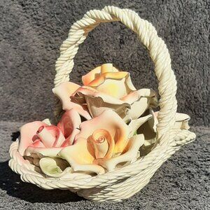 Vintage Italian Lanzarin Ceramic Rose Basket Centerpiece Majolica 7"L x 5" W